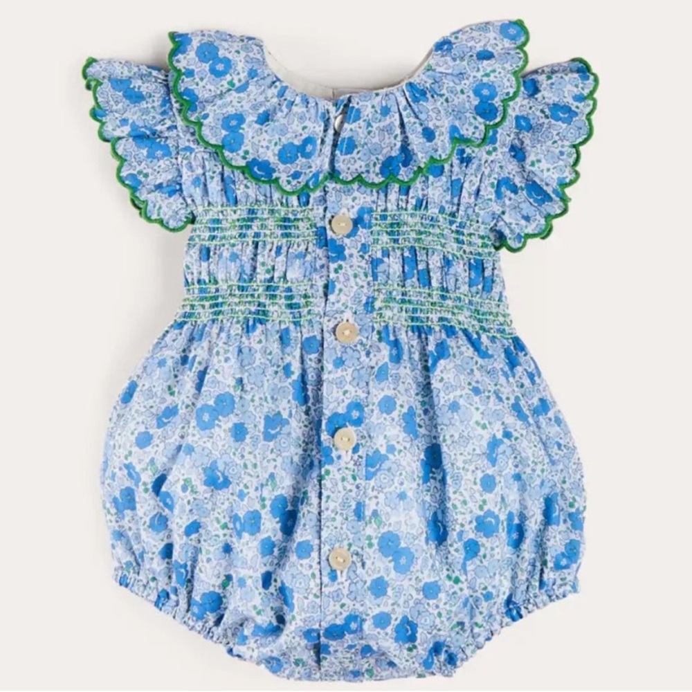 Pepa London "Olivia" Floral Smocked Ruffle-Collar Sleeveless Romper (Blue)